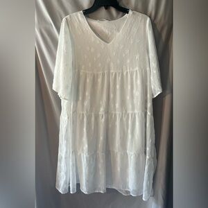 White Star-Embroidered Tiered V-Neck Mini Dress